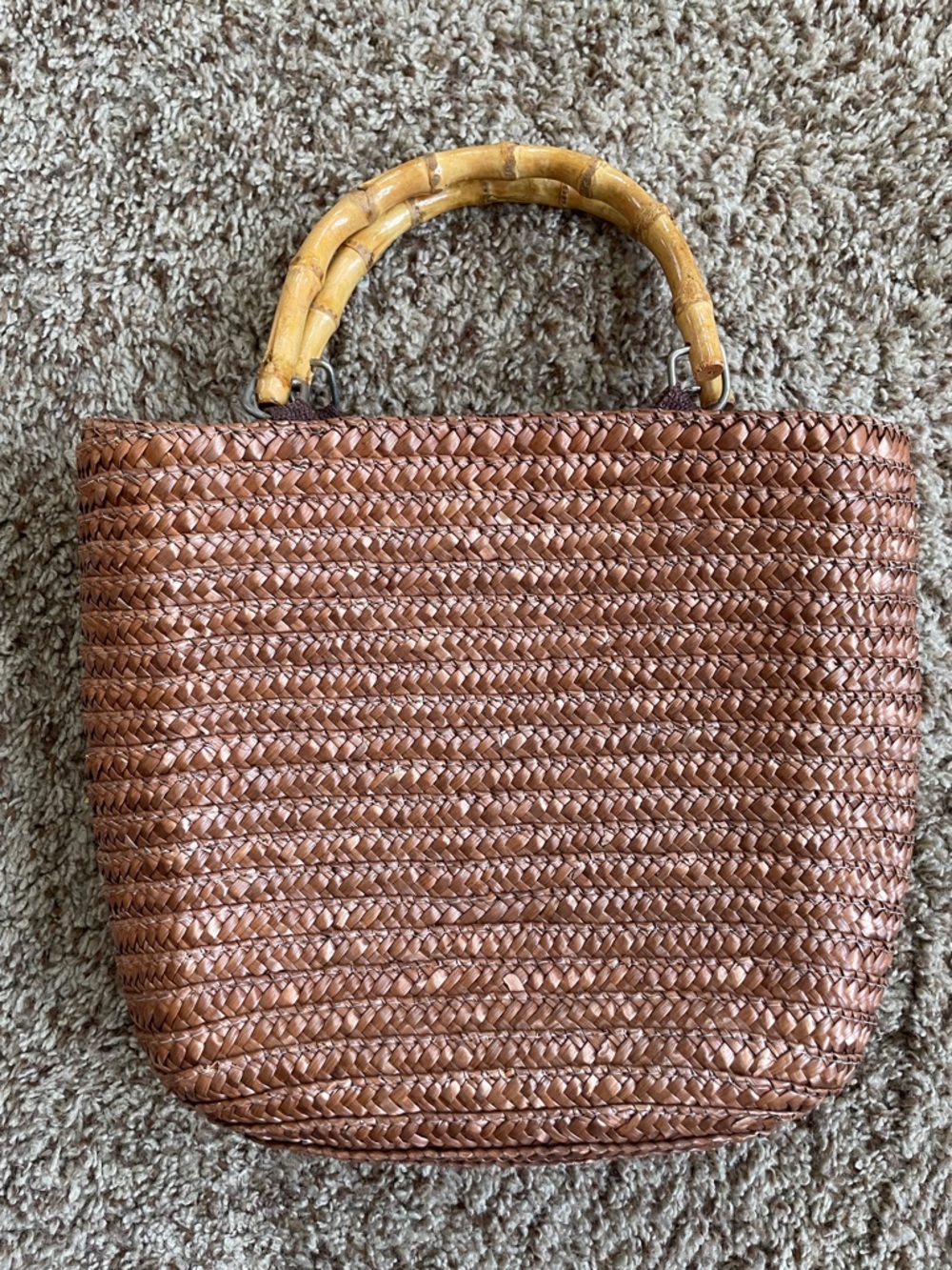 [Vintage] Chic Dark Tan Woven Tote with Bamboo Handles